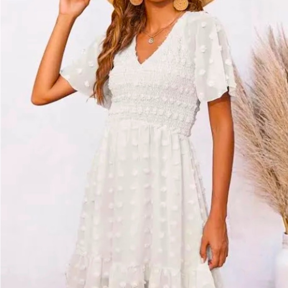 White Smocked V-Neck Swiss Dot Dress